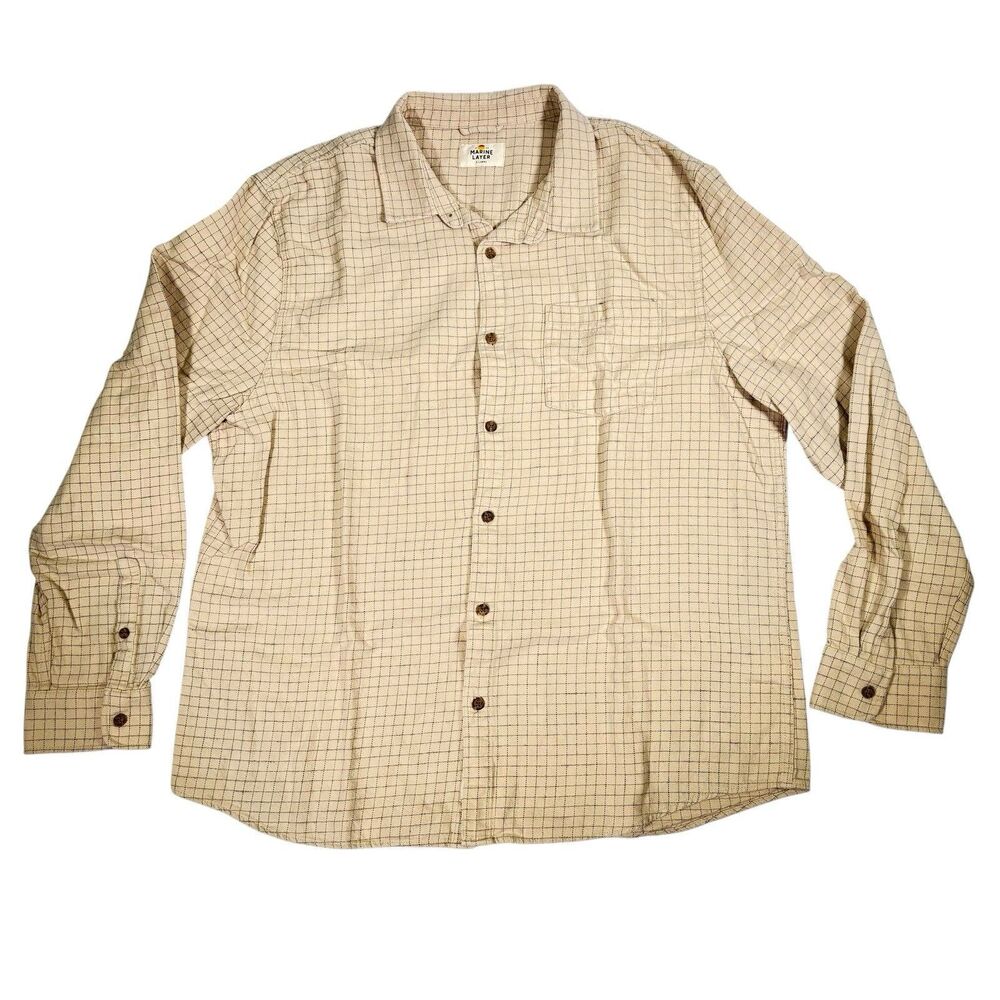 Marine Layer Button Up Shirt Men's XL Tan Beige Tattersall Grid Check Flannel